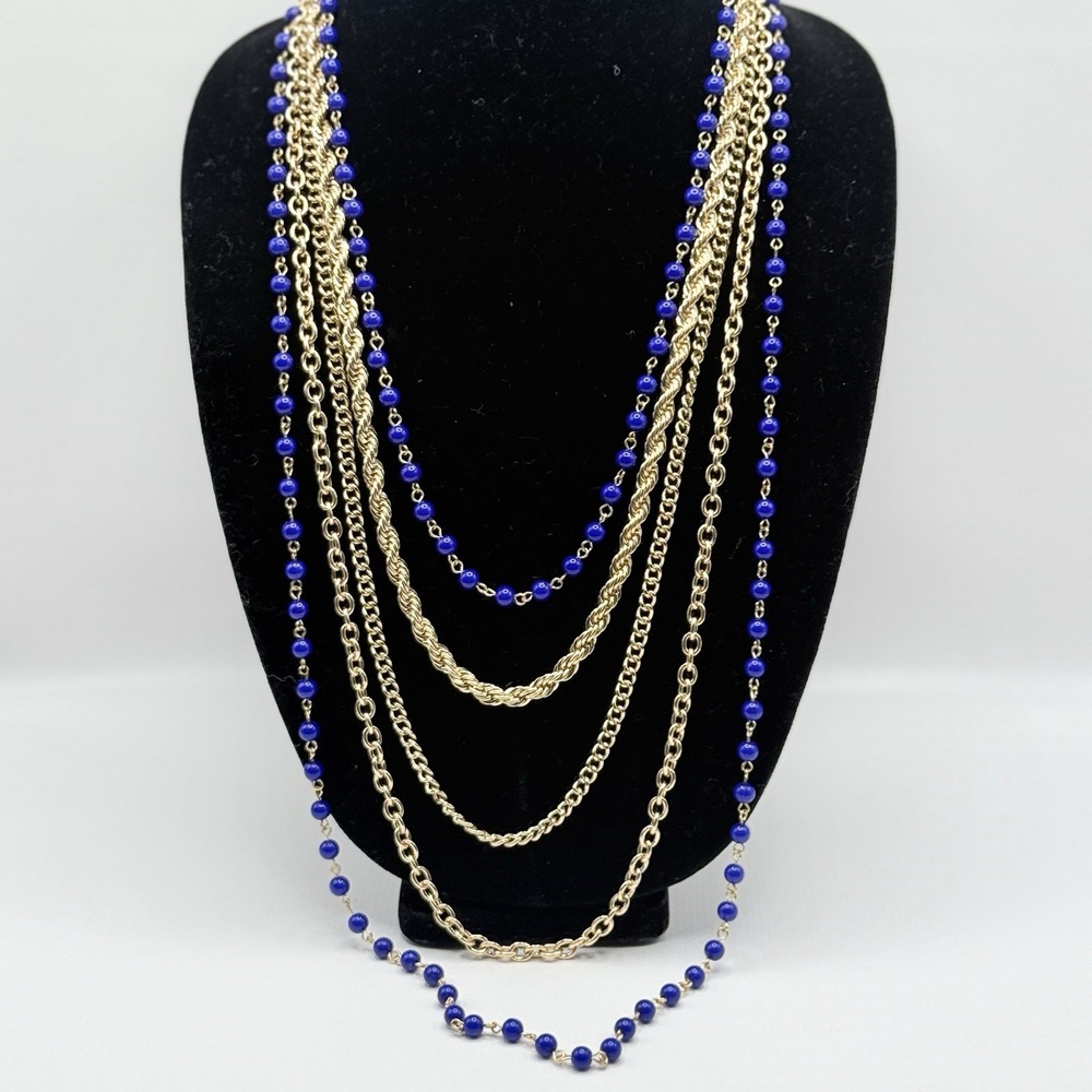21" NWT Robert Rose Blue Bead Gold Tone Layered Chain Link Necklace Multistrand‎
